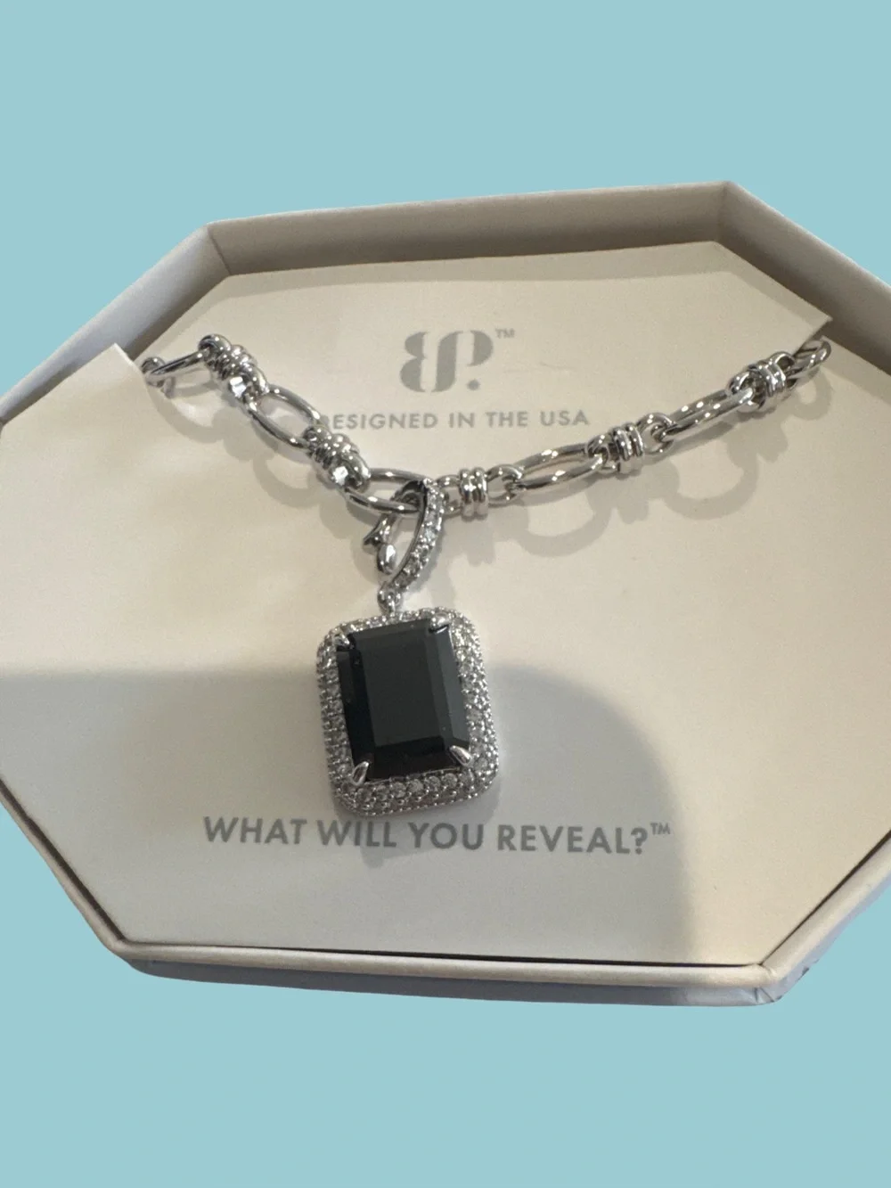 Silver Bracelet Necklace with Black Emerald-Cut Pendant - Designed in the USA